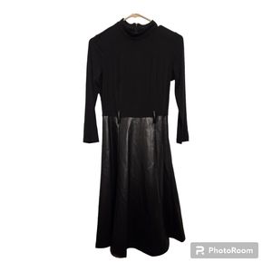 Calvin Klein Long Black  Sleeved Turtle Neck Dress with Vegan Leather skirt Sz 2